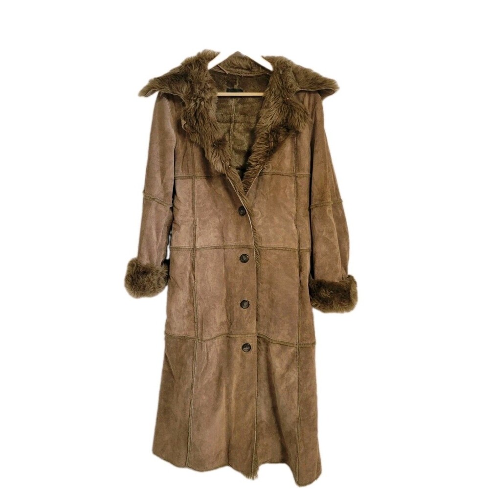 Brown Suede Trench Button Faux Fur Coat Whimsigoth Boho Chic Women's US 8 EU 38